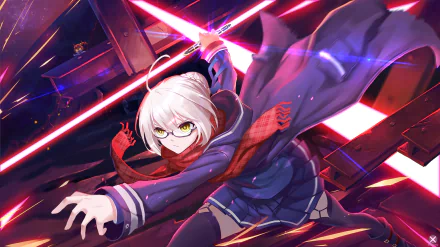 HD desktop wallpaper of Heroine X from Fate/Grand Order. The anime character is depicted in dynamic action pose, wielding glowing swords. The vibrant colors and detailed artwork make for a striking background.