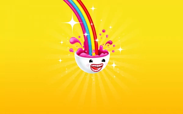 A colorful HD desktop wallpaper featuring a smiling white bowl pouring a vibrant rainbow, surrounded by playful splashes and a bright yellow background, radiating fun and positivity.