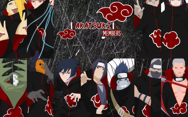 HD desktop wallpaper featuring Akatsuki members from Naruto anime, including Obito Uchiha, Kakuzu, Kisame Hoshigaki, Hidan, Zetsu, Sasori, Konan, Itachi Uchiha, Deidara, Sasuke Uchiha, and Pain.