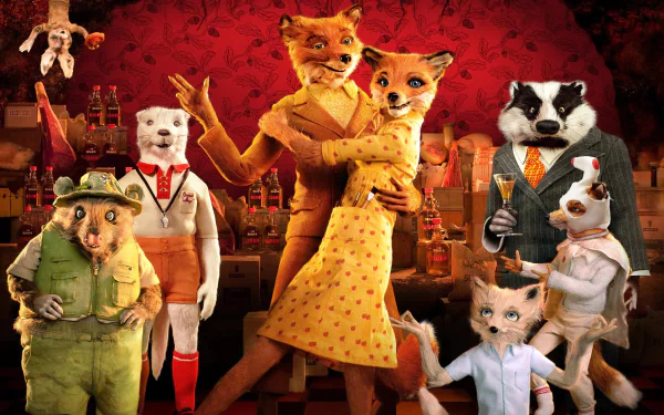 HD PC desktop wallpaper featuring Fantastic Mr. Fox movie characters: Mr. Fox and Mrs. Fox embrace amid their quirky animal friends in a warm, retro bar background.