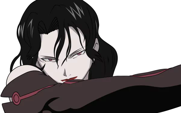 HD PC desktop wallpaper featuring Lust from the anime Fullmetal Alchemist, showcasing her dark hair, red eyes, and signature elegant pose.