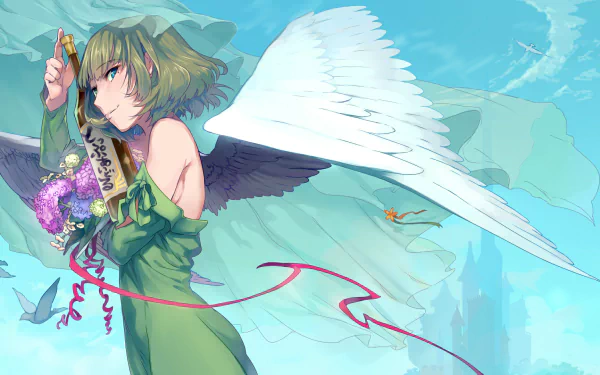 HD desktop wallpaper: Kaede Takagaki (The iDOLM@STER Cinderella Girls) — green‑haired anime idol in a flowing green dress with white angel wings, holding flowers and a bottle against a blue sky.