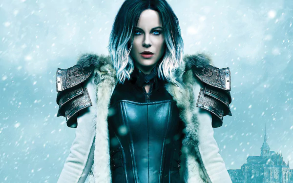 HD desktop wallpaper featuring Selene from the movie Underworld: Blood Wars, portrayed by Kate Beckinsale. Selene is dressed in armor with a snowy backdrop, highlighting the film's dark, icy atmosphere.