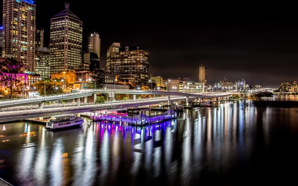 Man Made Brisbane Cities Australia City Night Light Reflection River Building Queensland Wharf Brisbane River Freeway HD Wallpaper | Background Image