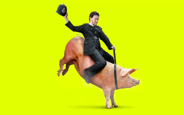 HD PC desktop wallpaper: movie-themed image of a uniformed man riding a pig on a neon green background, tagged filth.