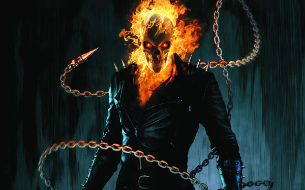 HD desktop wallpaper featuring Ghost Rider, the fiery-headed character from the movie, with a flaming skull and chains against a dark background.