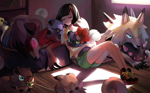 A colorful HD wallpaper featuring Selene from Pokémon: Sun and Moon, surrounded by various Pokémon, creating a cozy and playful atmosphere in a sunlit room.