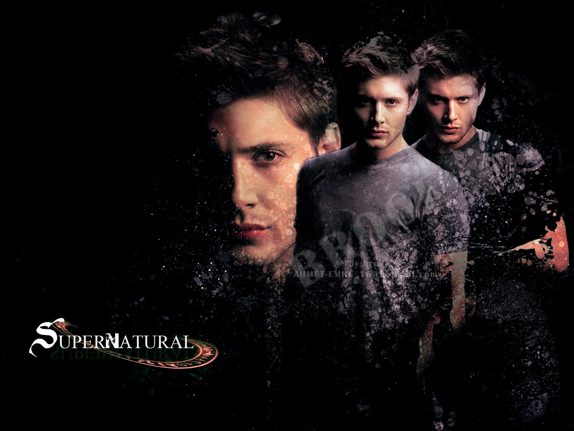HD PC desktop wallpaper featuring Dean Winchester from the TV show Supernatural, portrayed by Jensen Ackles, with a dark, smoky background design.