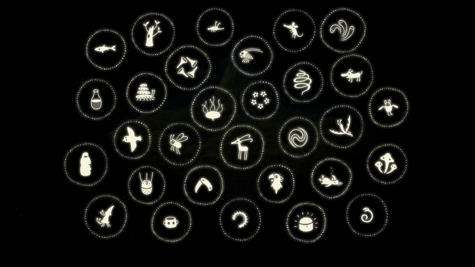 HD Samorost 3 desktop wallpaper featuring an array of quirky symbols on a black background.