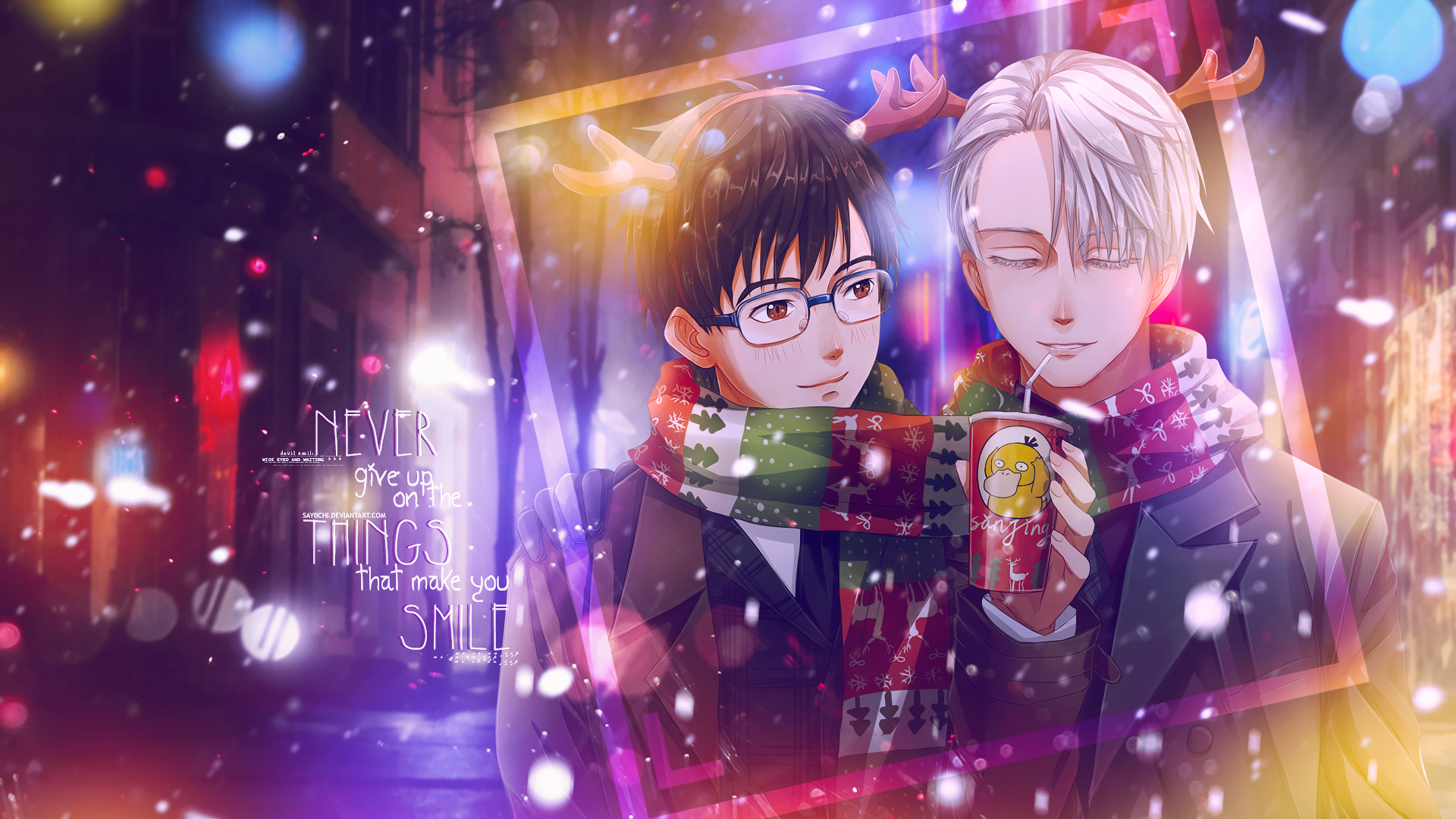 HD PC desktop wallpaper from the anime Yuri!!! on ICE featuring two characters sharing a cozy moment in winter attire with festive lights and gentle snowfall.