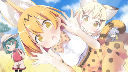 HD desktop wallpaper featuring Sand Cat, Shoebill, Serval, and Kaban from the anime Kemono Friends in a fun, lively pose under a bright blue sky.