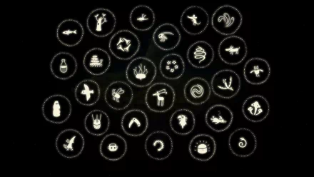 HD Samorost 3 desktop wallpaper featuring an array of quirky symbols on a black background.
