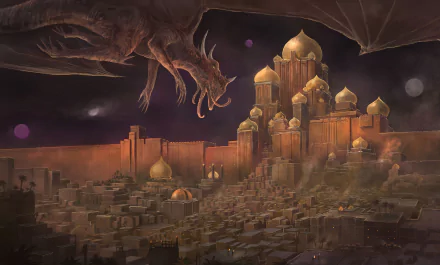 A fantasy night scene of an oriental city with golden domes under a dark sky, featuring a large dragon hovering above as an HD PC desktop wallpaper.