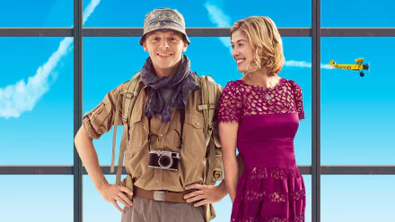 HD PC desktop wallpaper featuring main characters from the movie Hector and the Search for Happiness against a bright blue sky with a yellow plane.