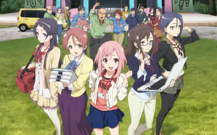 HD desktop wallpaper featuring Yoshino Koharu and characters from the anime Sakura Quest. The vibrant background showcases the group standing together, full of energy and determination.
