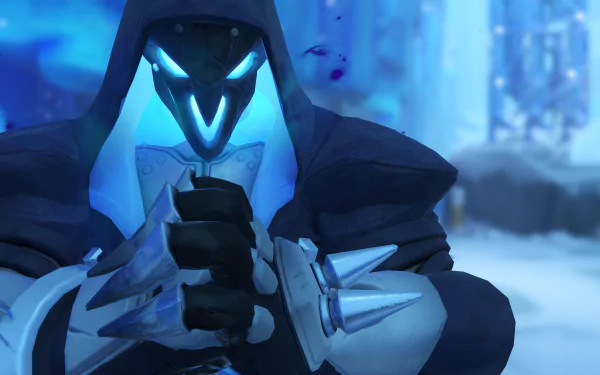 HD desktop wallpaper featuring Reaper from the video game Overwatch, depicted in a dramatic pose with icy blue tones and a futuristic background.
