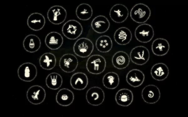HD Samorost 3 desktop wallpaper featuring an array of quirky symbols on a black background.