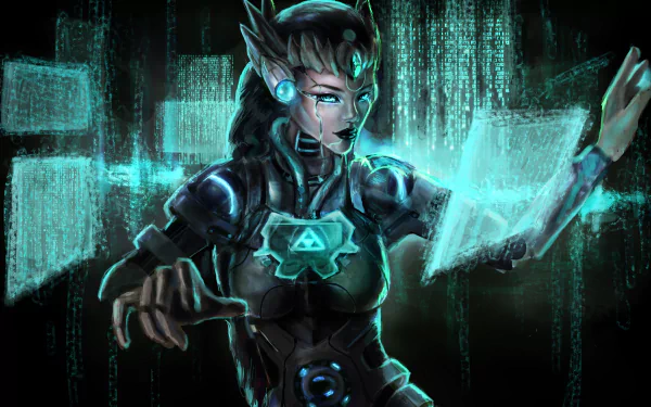 A futuristic sci-fi cyborg woman interacts with holographic digital interfaces in a high-tech, glowing environment—an HD PC desktop wallpaper and background.