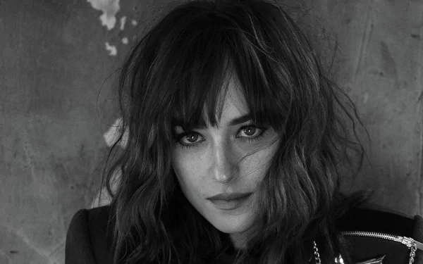 Black and white HD portrait of American actress and celebrity Dakota Johnson, captured with dramatic lighting and textured background, designed as a PC desktop wallpaper.