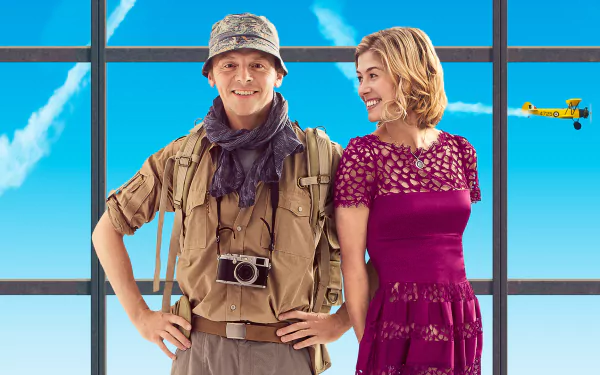 HD PC desktop wallpaper featuring main characters from the movie Hector and the Search for Happiness against a bright blue sky with a yellow plane.