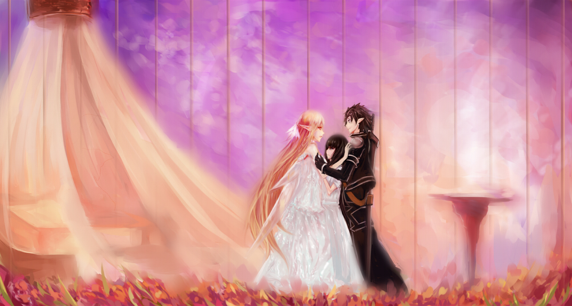 HD PC desktop wallpaper featuring anime characters from Sword Art Online in an ethereal, soft-lit setting with pink and purple hues.