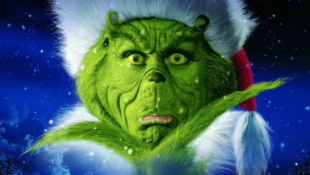 HD PC desktop wallpaper featuring the Grinch from the movie How the Grinch Stole Christmas, showcasing his green face and Santa hat against a starry night background.