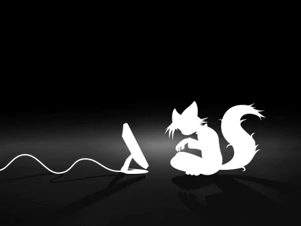 A sleek HD desktop wallpaper featuring a stylized fox silhouette intently facing a computer, embodying themes of technology and the Firefox brand.
