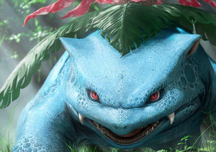 HD desktop wallpaper and background featuring an intense close-up of Venusaur, the Pokémon, from the Pokémon anime series.