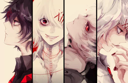 HD desktop wallpaper featuring four characters from Tokyo Ghoul in a segmented, artistic layout.