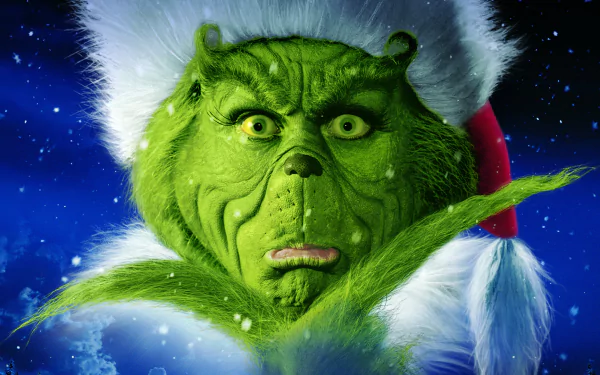 HD PC desktop wallpaper featuring the Grinch from the movie How the Grinch Stole Christmas, showcasing his green face and Santa hat against a starry night background.