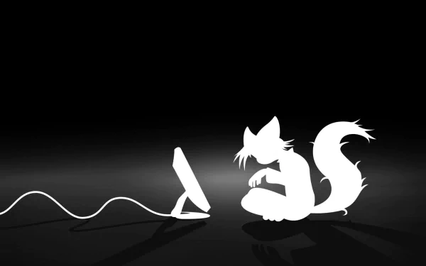 A sleek HD desktop wallpaper featuring a stylized fox silhouette intently facing a computer, embodying themes of technology and the Firefox brand.