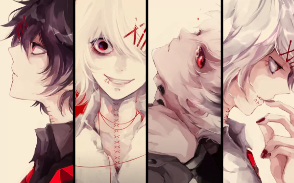 HD desktop wallpaper featuring four characters from Tokyo Ghoul in a segmented, artistic layout.