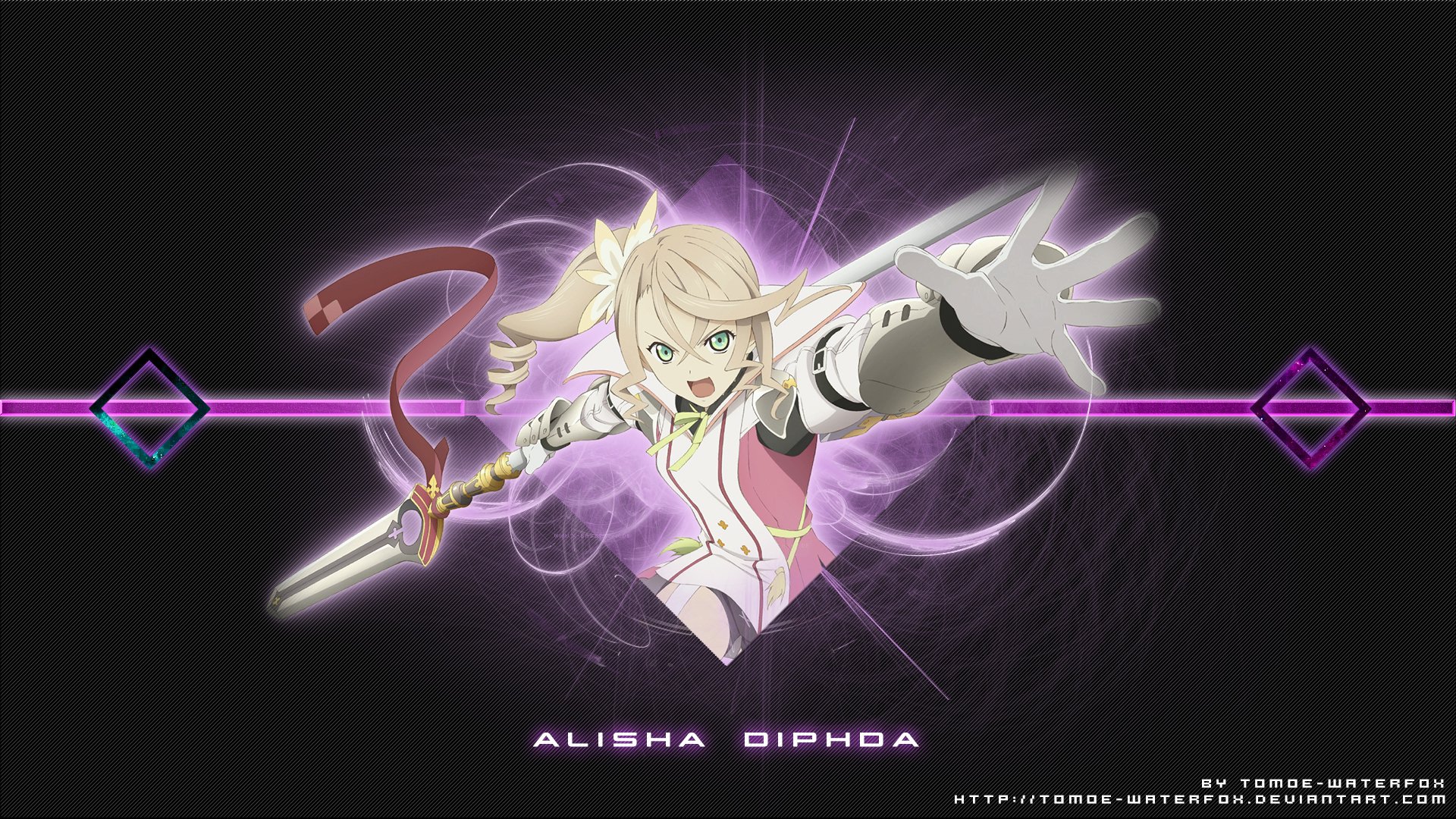 HD PC desktop wallpaper featuring Alisha Diphda from the anime Tales of Zestiria the X, depicted in dynamic action with glowing magical effects on a dark background.