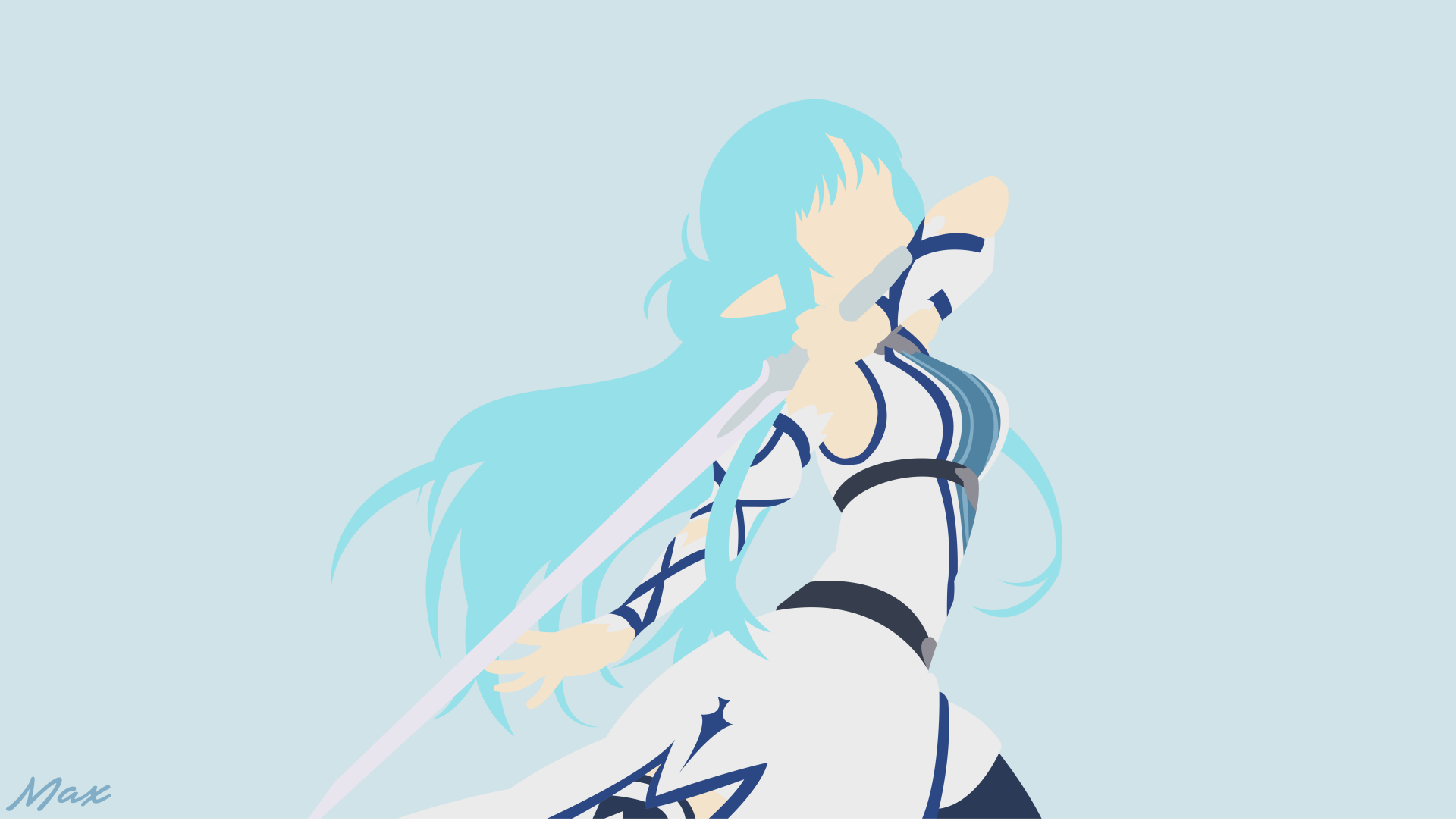 Minimalist anime-style depiction from Sword Art Online II of a blue-haired swordswoman mid-strike, glowing blade, white-and-blue outfit — 8K Ultra HD PC desktop wallpaper/background.