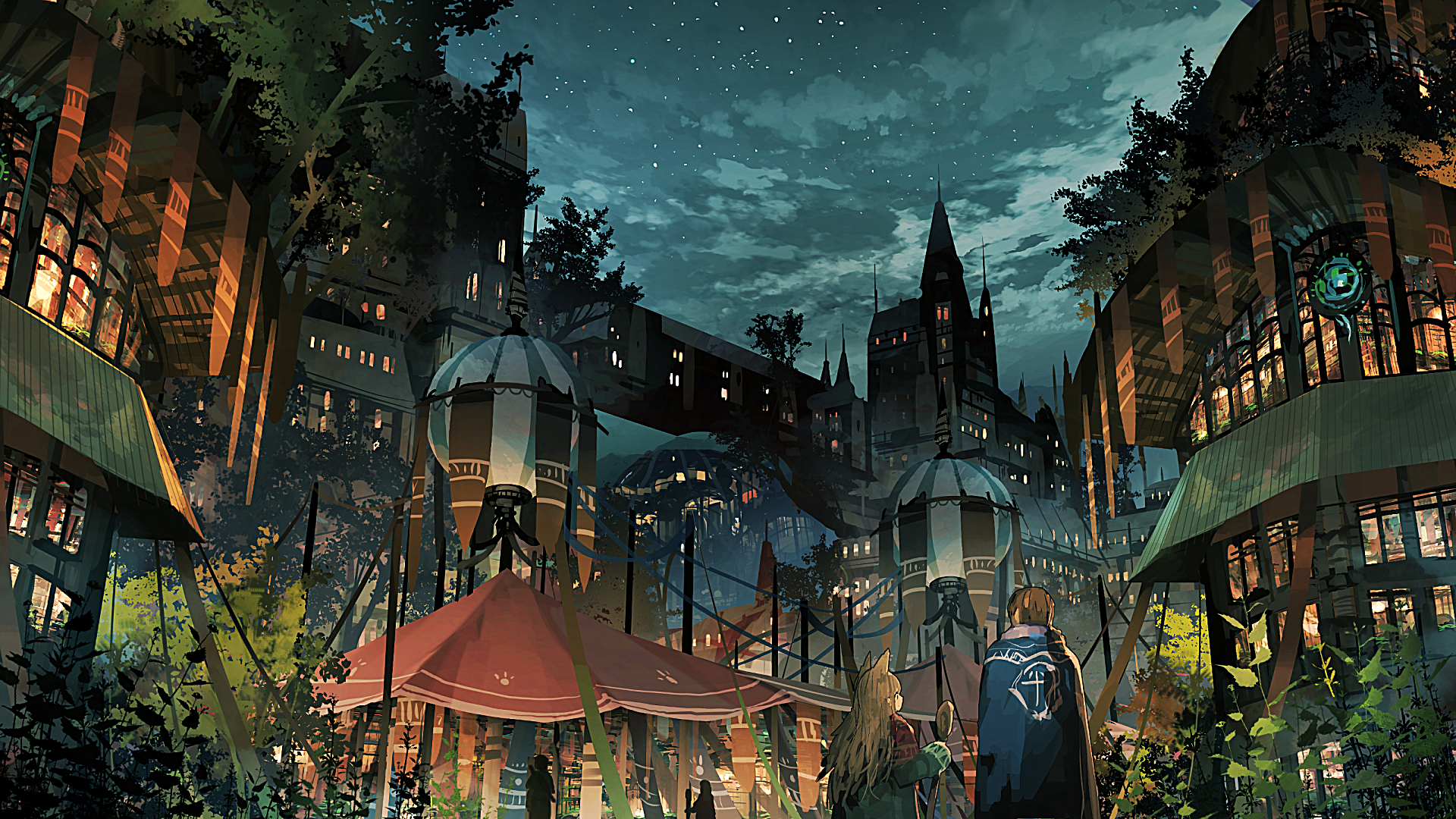 HD anime wallpaper featuring a detailed cityscape under a starry sky, with two cloaked characters in the foreground. The scene showcases original art with a blend of architecture and nature.