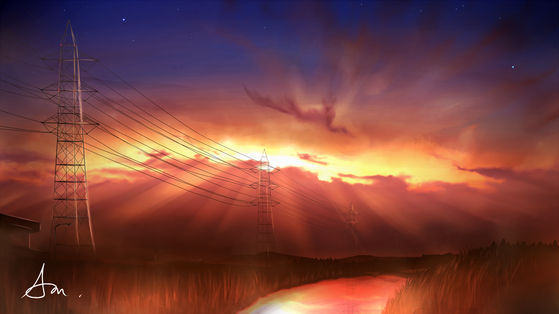 A stunning HD anime wallpaper features a beautiful sunset over a serene landscape with power lines stretching into the distance, casting a warm glow over the scene.