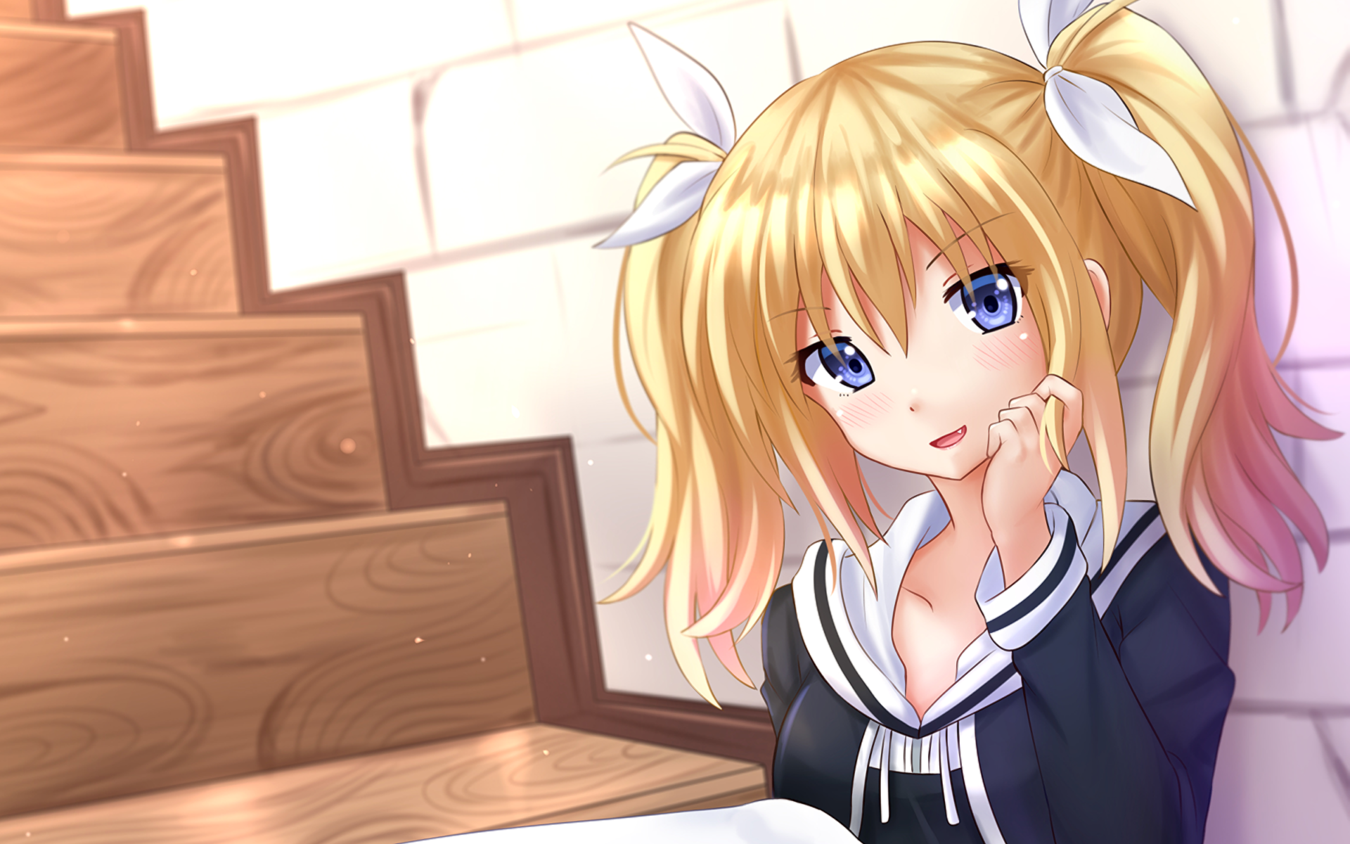 HD PC desktop wallpaper background: anime character Hinae Arimura from ChaoS;Child sitting on wooden stairs, blonde twin-tails, blue eyes in a school uniform, soft lighting.
