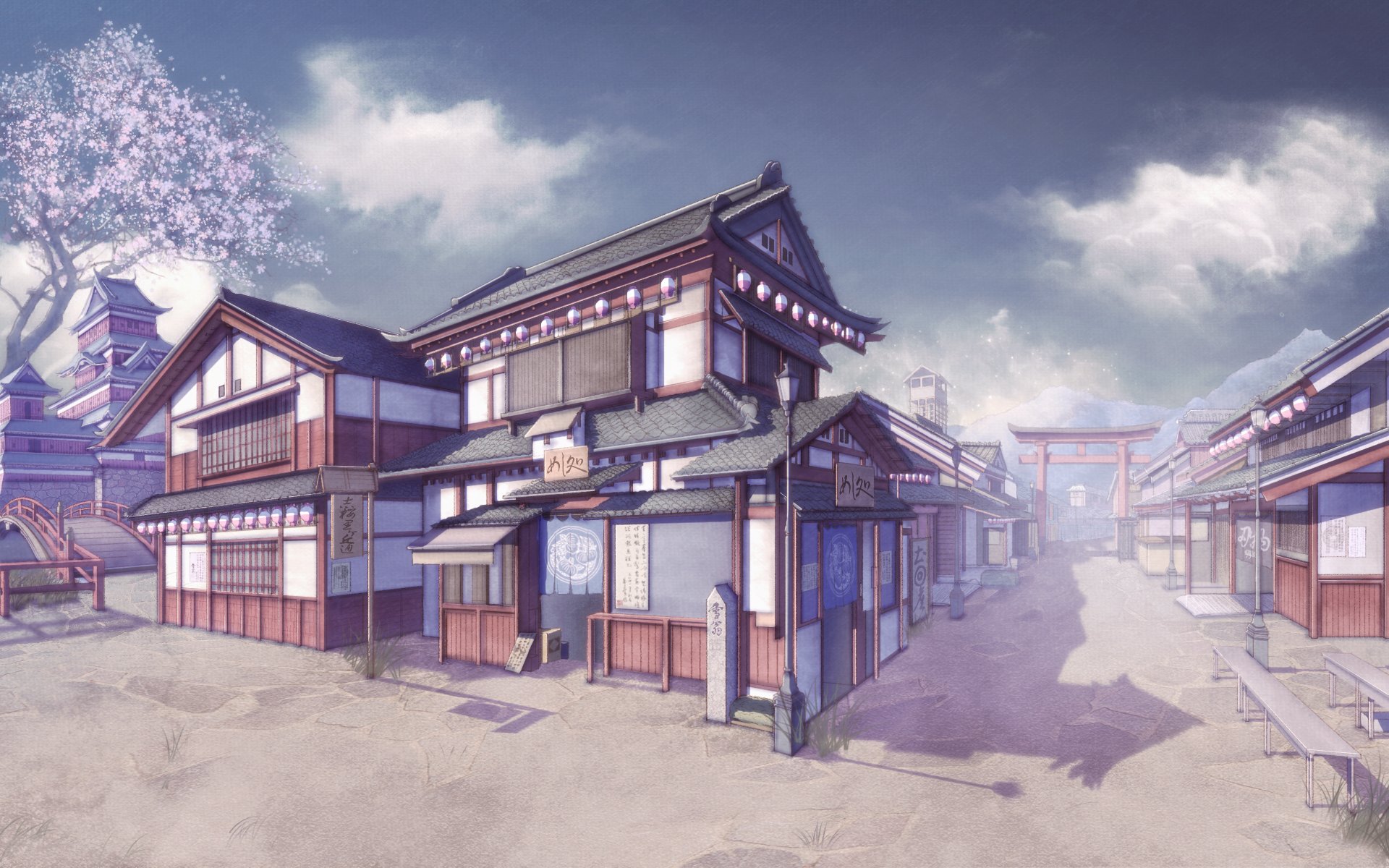 An HD anime-style original depiction of a serene, traditional Japanese street scene, featuring historic buildings and a calm, misty atmosphere.