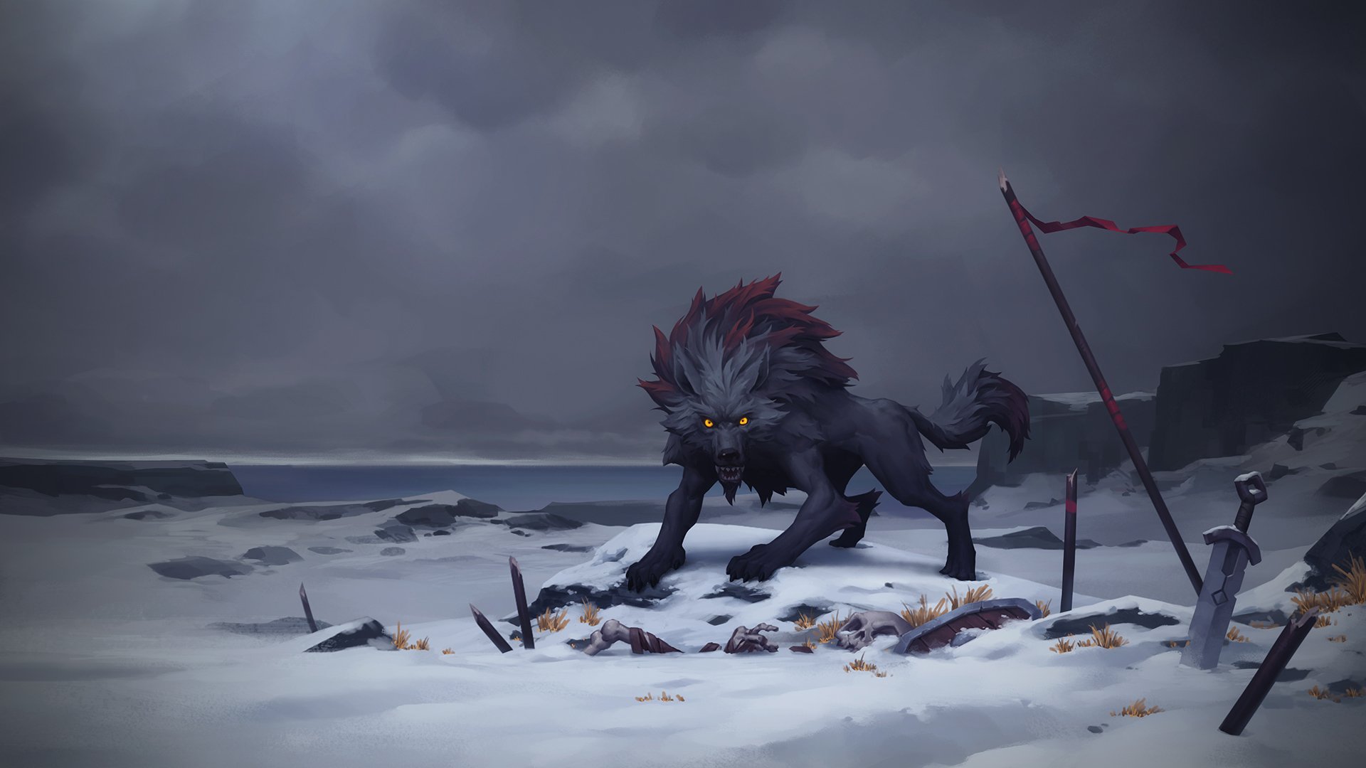 HD Northgard-themed wallpaper featuring a fierce wolf creature on a snowy battlefield with weapons.