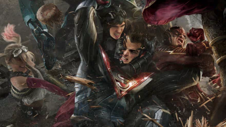 HD desktop wallpaper depicting a dynamic fight scene featuring Harley Quinn, Catwoman, Flash, and Superman from the video game Injustice 2.