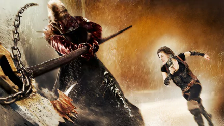 HD desktop wallpaper featuring Executioner Majini and Alice, played by Milla Jovovich, from the movie Resident Evil: Afterlife in an intense action scene.