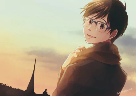 HD desktop wallpaper featuring Yuuri Katsuki from the anime Yuri!!! on ICE. The background showcases a serene sunset with Yuuri looking back over his shoulder, wearing glasses and a warm scarf.