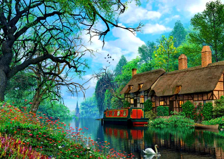 A serene scene featuring a thatched roof house beside a canal, surrounded by lush trees and vibrant flowers, with a graceful swan gliding on the water, reflecting the picturesque landscape.