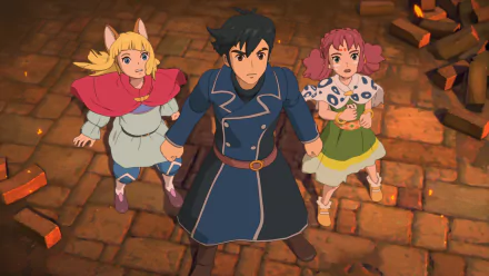 Three animated characters from Ni no Kuni II: Revenant Kingdom, featured in HD desktop wallpaper with a brick background.