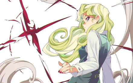 HD desktop wallpaper featuring Diana Cavendish from Little Witch Academia, with her green hair flowing and a serious expression, surrounded by dynamic magical elements.