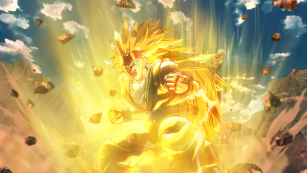 HD desktop wallpaper featuring a dynamic scene from Dragon Ball Xenoverse 2. A powerful Super Saiyan stands amidst a glowing yellow aura and floating debris with a blue sky background.
