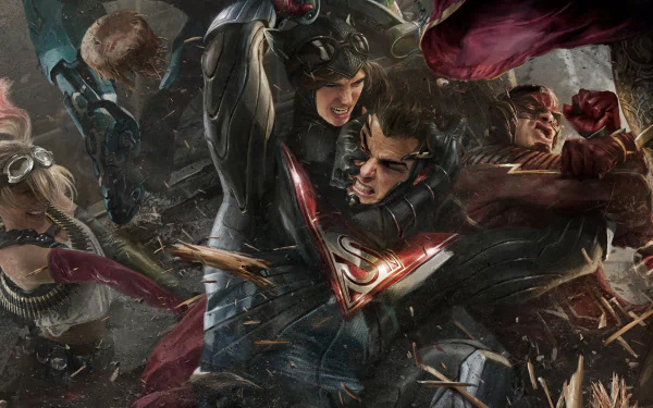 HD desktop wallpaper depicting a dynamic fight scene featuring Harley Quinn, Catwoman, Flash, and Superman from the video game Injustice 2.