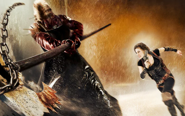 HD desktop wallpaper featuring Executioner Majini and Alice, played by Milla Jovovich, from the movie Resident Evil: Afterlife in an intense action scene.