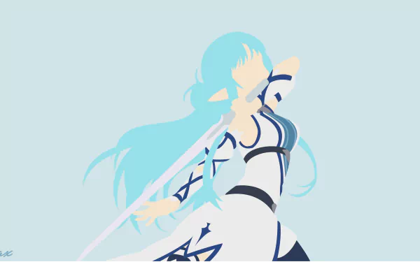 Minimalist anime-style depiction from Sword Art Online II of a blue-haired swordswoman mid-strike, glowing blade, white-and-blue outfit — 8K Ultra HD PC desktop wallpaper/background.