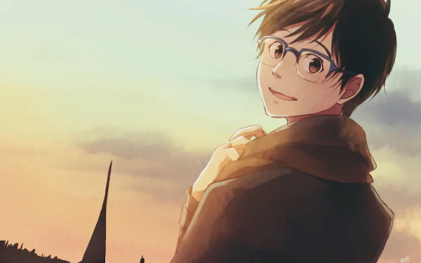 HD desktop wallpaper featuring Yuuri Katsuki from the anime Yuri!!! on ICE. The background showcases a serene sunset with Yuuri looking back over his shoulder, wearing glasses and a warm scarf.